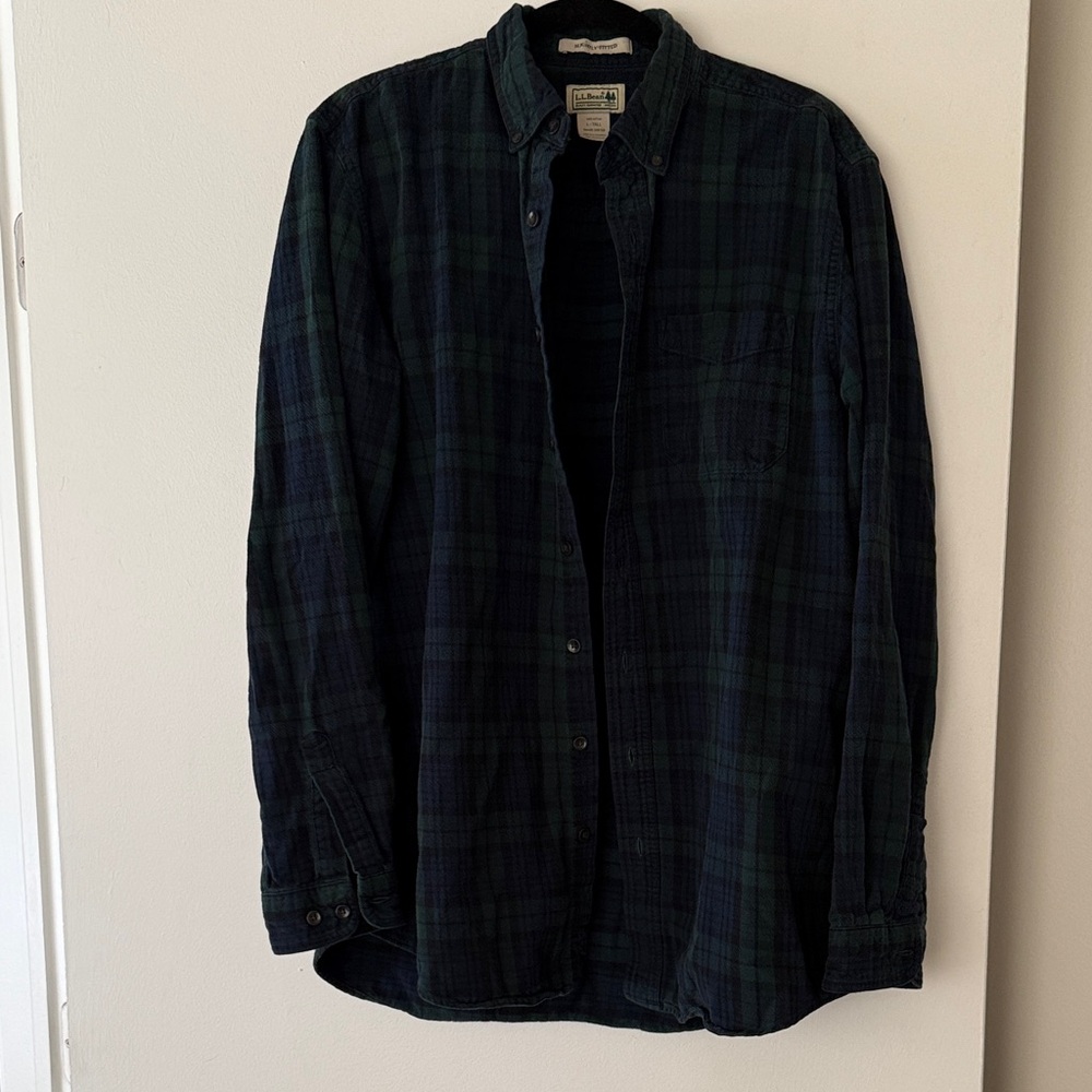 L.L. Bean Men's Vintage Green and Blue Plaid Shirt
